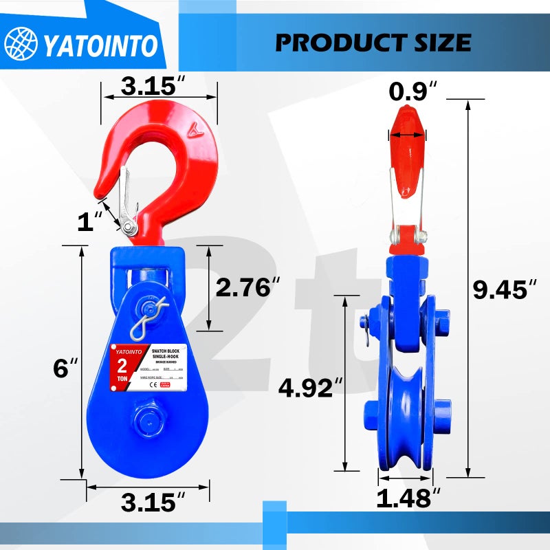 YATOINTO 2 ton Snatch Block with Hook, 3"" Sheave 3/8"" Inch Wire Rope Snatch Block, 4400lbs Snatch Pulley for Rollback Wrecker Car Hauler Winch - Image 5